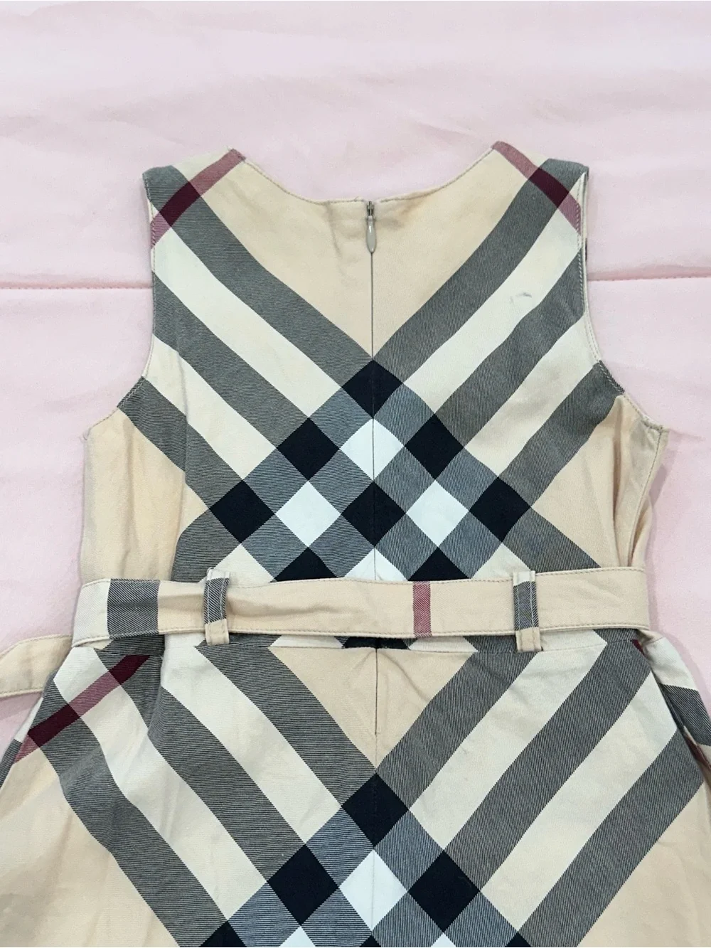 Burberry Beige Plaid Belted Girls' Dress with Black and Burgundy Accents